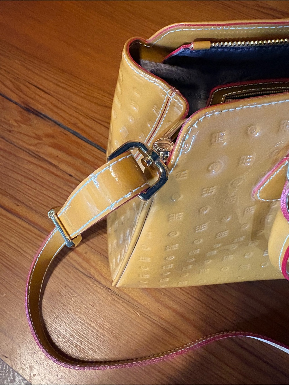 Arcadia Patent Leather Satchel Bag in Mustard Yellow with Red trim - Picture 6 of 9